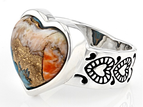 Blended Turquoise and Spiny Oyster Shell Sterling Silver Heart Ring