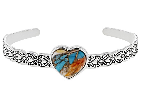 Blended Turquoise and Spiny Oyster Shell Rhodium Over Sterling Silver Heart Cuff Bracelet