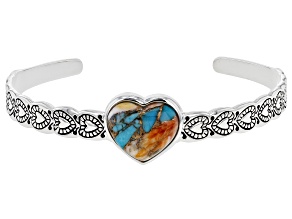 Blended Turquoise and Spiny Oyster Shell Rhodium Over Sterling Silver Heart Cuff Bracelet