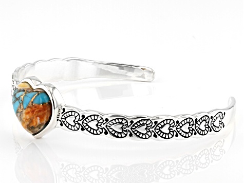 Blended Turquoise and Spiny Oyster Shell Rhodium Over Sterling Silver Heart Cuff Bracelet