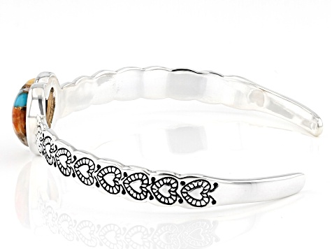 Blended Turquoise and Spiny Oyster Shell Rhodium Over Sterling Silver Heart Cuff Bracelet