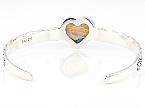 Blended Turquoise and Spiny Oyster Shell Rhodium Over Sterling Silver Heart Cuff Bracelet