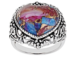 Blended Turquoise and Purple Spiny Oyster Shell Rhodium Over Silver Heart Ring 16x14mm