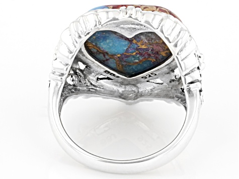 Blended Turquoise and Purple Spiny Oyster Shell Rhodium Over Silver Ring