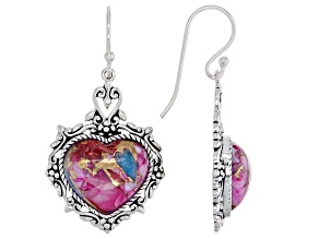 Blended Turquoise and Purple Spiny Oyster Shell Rhodium Over Silver Heart Dangle Earring