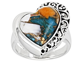 Blended Turquoise and Spiny Oyster Shell Rhodium Over Silver Heart Ring