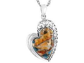 Blended Turquoise and Spiny Oyster Shell Rhodium Over Silver Heart Pendant with Chain