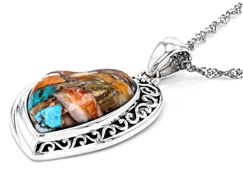 Blended Turquoise and Spiny Oyster Shell Rhodium Over Silver Heart Pendant with Chain