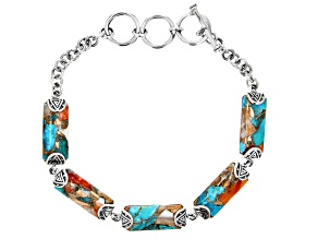 Blended Turquoise and Orange Spiny Oyster Shell Rhodium Over Silver Bracelet