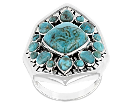 Blue Turquoise Rhodium Over Silver Center Design Ring
