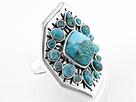 Blue Turquoise Rhodium Over Silver Center Design Ring
