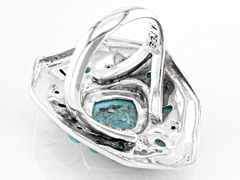 Blue Turquoise Rhodium Over Silver Center Design Ring