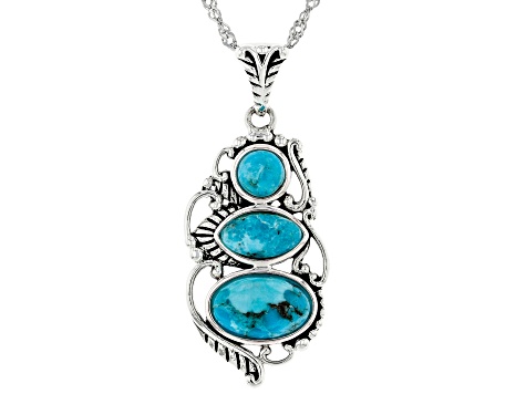 Blue Turquoise Rhodium Over Sterling Silver 3-Stone Pendant with Chain