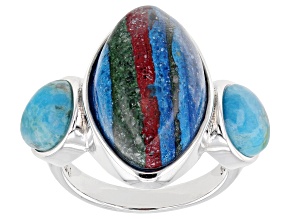 Lab Rainbow Calsilica and Blue Turquoise Rhodium Over Silver Ring