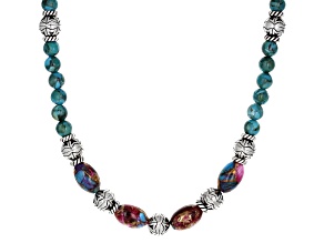 Blended Turquoise with Purple Spiny Oyster Rhodium Over Silver Necklace
