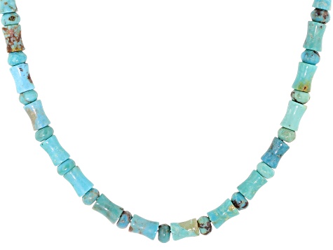 Blue Turquoise Rondelle and Bamboo Rhodium Over Silver Necklace