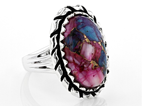 Blended Turquoise and Purple Spiny Oyster Shell Rhodium Over Silver Ring