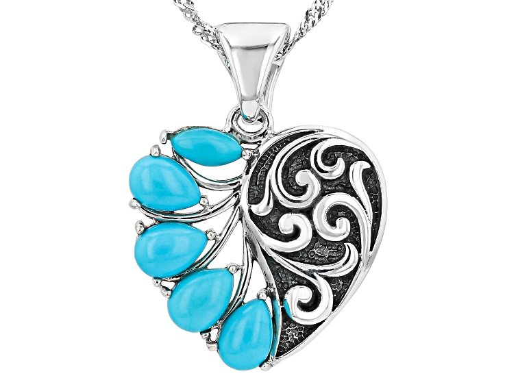 Blue Sleeping Beauty Turquoise Rhodium Over Silver Heart Enhancer with 18" Chain