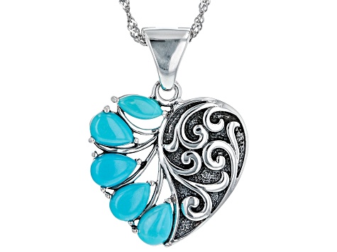 Sleeping Beauty Turquoise Rhodium Over Silver Heart Enhancer with 18" Chain