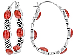 Oval Cabochon Red Sponge Coral Rhodium Over Sterling Silver Inside- Out Hoop Earrings