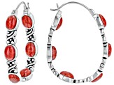 Oval Cabochon Red Sponge Coral Rhodium Over Sterling Silver Inside- Out Hoop Earrings