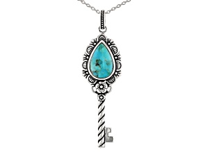 Blue Turquoise Rhodium Over Silver Key Pendant with 24" chain