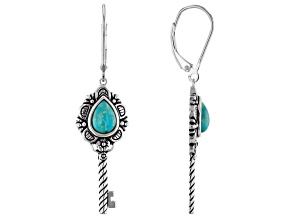 Blue Turquoise Rhodium Over  Silver Drop Key Earrings