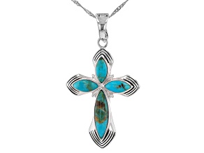 Blue Turquoise Rhodium Over Silver Cross Enhancer with Chain