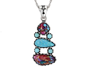 Turquoise and Purple Spiny Oyster Shell Rhodium Over Sterling Silver Pendant with Chain
