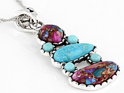 Blue Turquoise and Purple Spiny Oyster Shell Rhodium Over Sterling Silver Pendant with Chain
