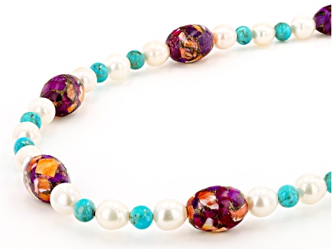 Blended Purple Spiny Oyster With Turquoise & Cultured Freshwater Pearl Rhodium Over Silver Necklace