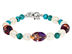 Blended Purple Spiny Oyster With Turquoise & Cultured Freshwater Pearl Rhodium Over Silver Bracelet