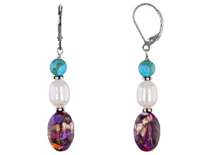 Blended Purple Spiny Oyster With Turquoise & Cultured Freshwater Pearl Rhodium Over Silver Earrings