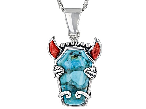 Blue Turquoise and Red Sponge Coral Rhodium Over Sterling Silver Bison Enhancer with Chain