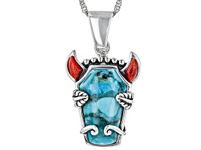 Blue Turquoise and Red Sponge Coral Rhodium Over Sterling Silver Bison Enhancer with Chain