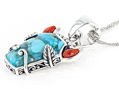 Blue Turquoise and Red Sponge Coral Rhodium Over Sterling Silver Bison Enhancer with Chain