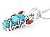 Blue Turquoise and Red Sponge Coral Rhodium Over Sterling Silver Bison Enhancer with Chain