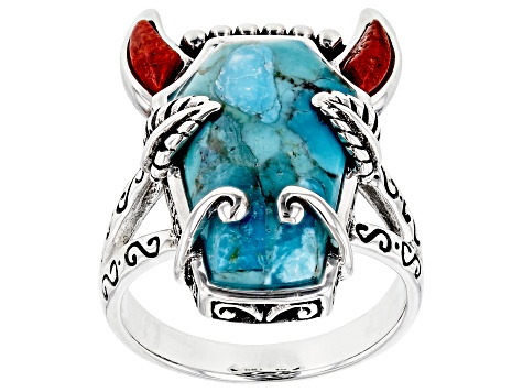 Blue Turquoise and Red Sponge Coral Rhodium Over Silver Bison Ring