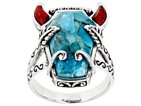 Blue Turquoise and Red Sponge Coral Rhodium Over Silver Bison Ring