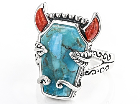 Blue Turquoise and Red Sponge Coral Rhodium Over Silver Bison Ring