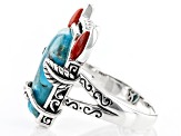 Blue Turquoise and Red Sponge Coral Rhodium Over Silver Bison Ring