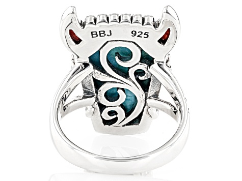 Blue Turquoise and Red Sponge Coral Rhodium Over Silver Bison Ring