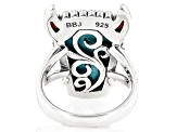 Blue Turquoise and Red Sponge Coral Rhodium Over Silver Bison Ring