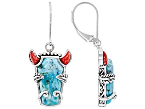 Blue Turquoise and Red Sponge Coral Rhodium Over Silver Bison Earrings