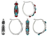 Blue Turquoise and Red Sponge Coral Sterling Silver Set of 3 Hoop Earrings