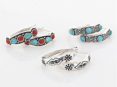 Blue Turquoise and Red Sponge Coral Sterling Silver Set of 3 Hoop