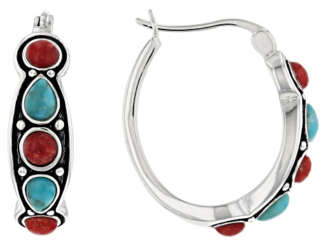 Blue Turquoise and Red Sponge Coral Sterling Silver Set of 3 Hoop Earrings