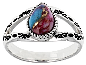 Pear Purple Spiny Oyster Shell and Turquoise Rhodium Over Silver Ring