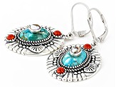 Blue Turquoise With Orange Spiny Oyster Shell and Red Coral Rhodium Over Sterling Silver Earrings