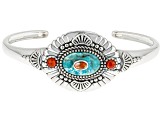 Blue Turquoise With Orange Spiny Oyster Shell and Red Coral Rhodium Over Silver Bracelet